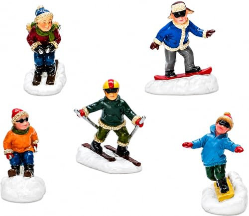 MOMENTS IN TIME Christmas Village Set of 5 Skiing Snowboarding Figures Hand Painted Polyresin Holiday Skiers Snowboarders for Miniature Winter Scene