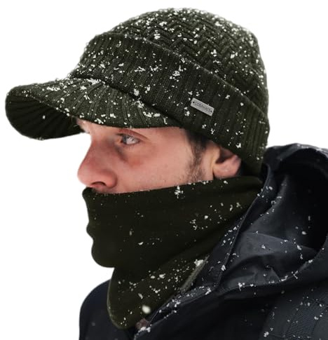 Comhats PolarWool™ Wintermütze Herren Winter-Set mit Wollgestrickter Schirmmütze und Fleece-Schal/Halswärmer für Herren und Damen - Warme gestrickte Schirmmütze 69311_grün L/XL