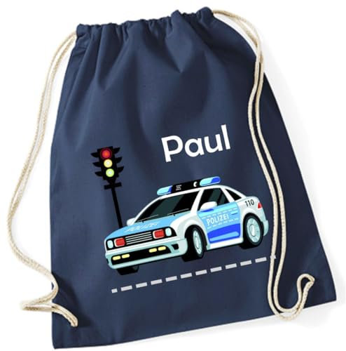 minimutz Turnbeutel Polizei-Auto mit Namen personalisiert - Stoffbeutel Jungen Rucksack - Sportbeutel zum Zuziehen - 12L - 37x46cm (dunkelblau)