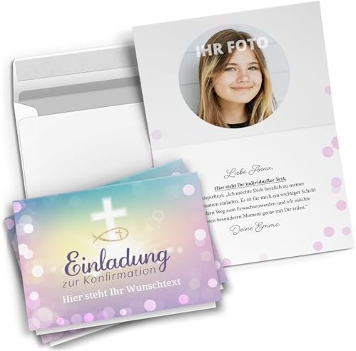 10 personalisierte Konfirmation Einladungskarten mit eigenem Text und Foto - Zauberhafter Verlauf Rosa Blau kirchlich - Einladungen zur Konfirmation mit Umschlägen Jungen und Mädchen