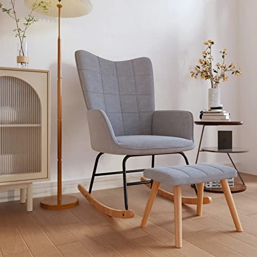 LAPOOH Schaukelstuhl mit Hocker, Sessel Wohnzimmer, Schaukelsessel, Stillsessel, Schwingsessel, Tv Sessel, Ohrensessel, Relaxsessel, Rocking Chair, Stoff Hellgrau