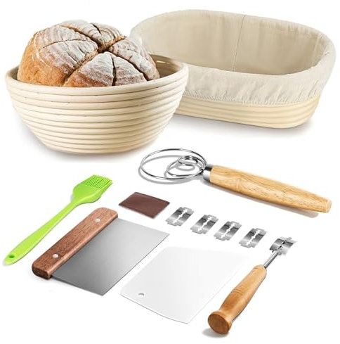 Sadodo Bread Proofing Basket Set,With Round 10 Inch & Oval 11 Inch Banneton Basket,Danish Dough Whisk,Bread Scoring Lame,Dough Scraper Baking Tools,For Home Kitchen Christmas