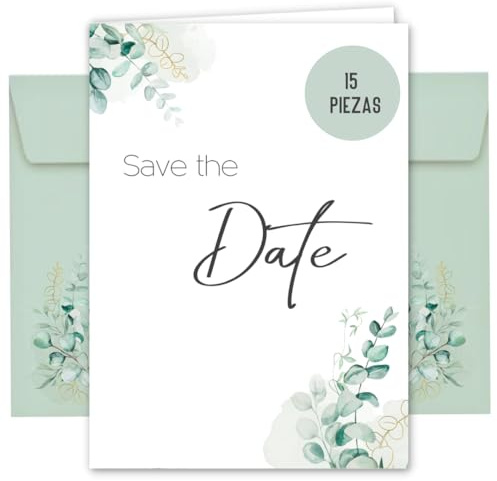 Things of Happiness 15 biglietti Save the Date con busta per matrimonio, ufficio del registro, compleanno, bambino, comunione, festa della gioventù, battesimo, biglietto pieghevole DIN A6 (eucalipto)