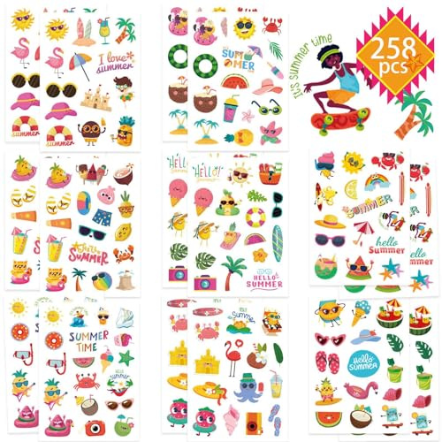 Fyvadio Sommer Aufkleber für Kinder, Strand, Ozean, Tauchen, Hawaii, Wassermelone Eis, Urlaub - 262 PCS, Multi, Glänzend, Tropisch, Einmalgebrauch, Kinder und Familien, Sommer