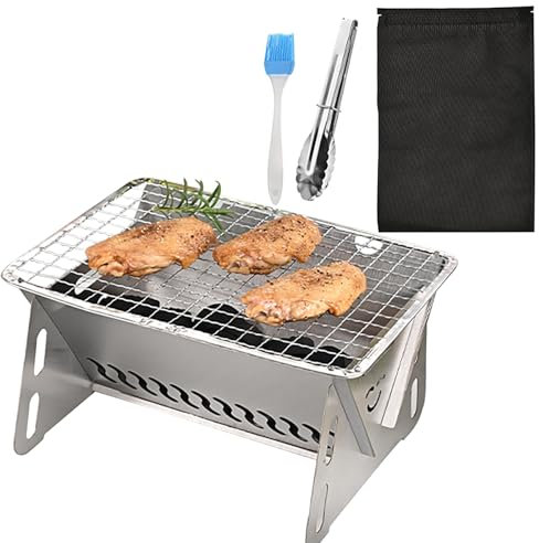 Barbecue Portatile a Carbone, Barbecue Grill, BBQ Griglia in Acciaio Inox, Stufa Pieghevole nel Acciaio Inossidabile con Custodia, Fornello da Campeggio a Legna per Attività All’aperto, Picnic