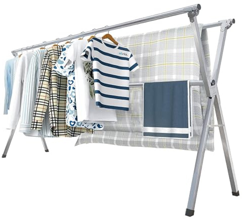 GUNQIUBA Clothes Drying Racks, Heavy Duty Stainless Steel Clothes Standing Drying Pole with 20 Windproof Hooks for The Balcony Indoor or Outdoor, Length Adjustable and Foldable (79 inch)