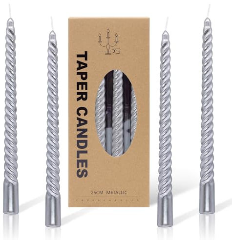 Alederways Candele da cena, candele affusolate argentate a pilastro, a spirale, lunghe, antigoccia, per Natale, Halloween, San Valentino, festa di compleanno, decorazione, 4 pezzi