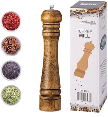 elook Moulin à poivre ou moulin à sel, moulin à poivre en bois de 20,3 cm, moulin manuel solide avec broyeur en céramique robuste et réglable pour la maison, la cuisine, le camping, le barbecue –