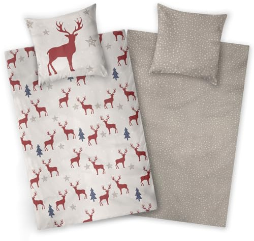 Aminata kids Biber Bettwäsche 135x200 cm Hirsch-Motiv 100% Baumwolle Grau Rot - Winter Bettwäsche Weihnachten - Elch Rentier Kinder Erwachsene warm weich