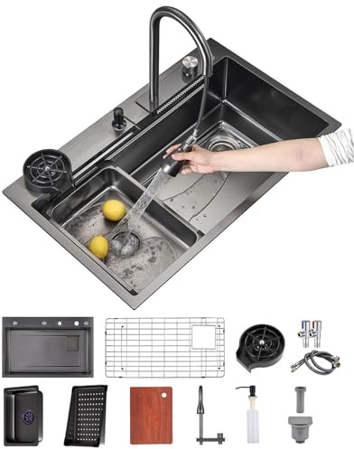 FIVIXIL Fregadero de cocina（66 * 50, 76 * 50, 81 * 50, 86 * 50）Flying Rain Waterfall Fregadero individual grande con lavavasos, dispensador de jabón, rejilla para vajilla (Gris plomo, 66 * 50 * 22cm)