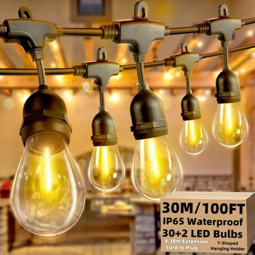AzureStar 30M Festoon Lights Outdoor IP65 Waterproof Festoon E27 String Lights Garden Lights with 30+2 S14 2700K Shatterproof Bulbs for Outside Party Fence Wedding Pergola, Connectable