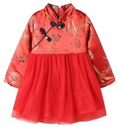 Mud Kingdom Girls Dresses Chinese Style Embeoidery Cheongsam Dress for Toddler Girl Fleece Lining Qipao Dress New Year Festival Phoenix Pattern Red 4 Years