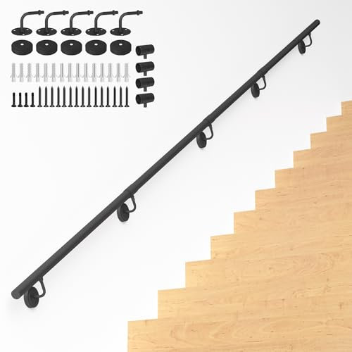 NArra 12FT Industrial Metal Stair Handrail,Round Pipe Stair Railing For Indoor/Outdoor Steps,Wall Mount Support Staircase Handrail,440LBS Load Capacity Hand Rail,Safety Grab Bar Porch Stairway Railing