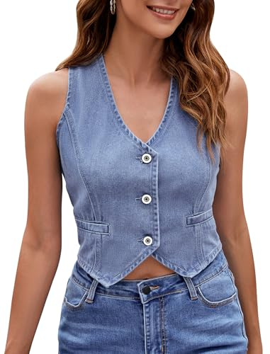 AGYMNX Women Denim Vest V Neck Sexy Sleeveless Button Denim Vest Ladies Waist Tops Denim Casual Jacket Y2K Denim Vest Summer Streetwear Light blue XL