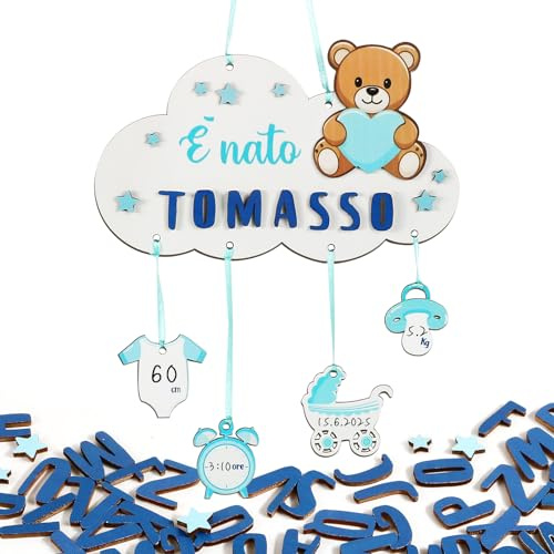 BOFUNX Fiocco Nascita Bimbo Nuvole Blu Coccarda Nascita con Nome Personalizzato Idea Regalo per Neonato Decorazione Camera Bambino per Nascita Battesimo Baby Shower Bomboniere