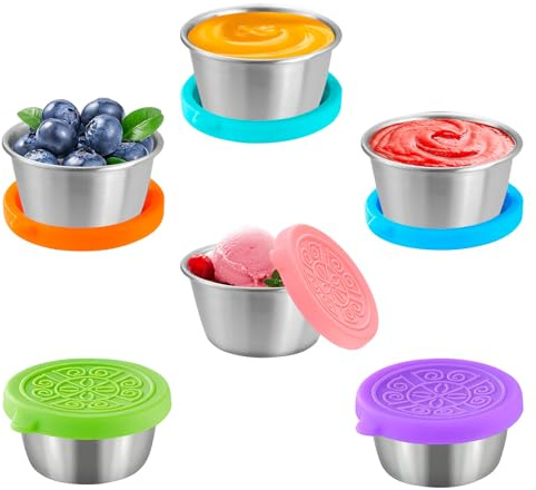 6 Piezas Recipientes Salsa Pequeño con Tapa Silicona, Contenedor Aliño Mini Acero Inoxidable, Recipiente Hermetico Alimentos Prueba Fugas, Contenedor Reutilizable para Aderezo Ensalada, Salsas