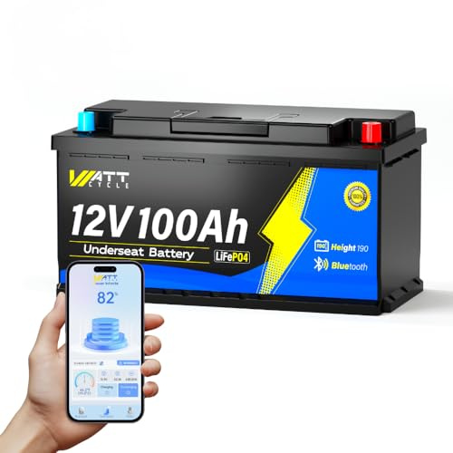 WattCycle 12V 100Ah Bluetooth LiFePO4 Batterie mit 188mm Höhe,Tiefzyklus Lithium Batterie mit 100A BMS Tieftemperaturschutz, Bleisäure Ersatzbatterie für Stromspeicher, Wohnmobil, Wohnwagen, Solar