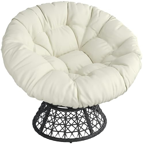Yaheetech Egg Moon Papasan Chair with Comfy Cushion, 360° Swivel Oversized Round Reading Armchairs Lounger for Living Room/Indoor/Outdoor, Beige