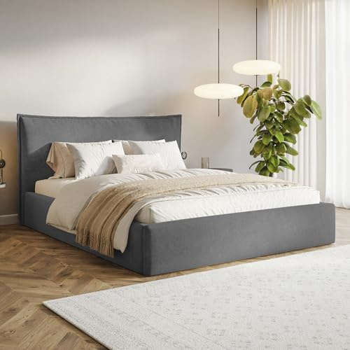 MOTIVENA Leno Bett 120x200 Grau Samt, mit Stauraum, mit Kopfteil, mit Lattenrost, ohne Füße, mit Matratze H3/H3, Polsterbett 120x200 mit Bettkasten Grau (Anthrazit)