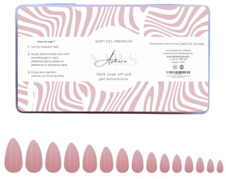 Capsules Soft Gel Premium Amande Rosewood Medium - 240 Capsules, 15 Tailles - Pose Américaine Semi-Transparente - Faux Ongles Nude Carnations Foncées, Forme Almond