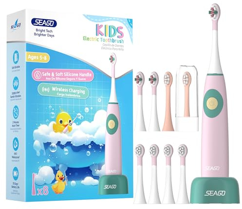 Seago Elektrische Zahnbürste Kinder für 5-8 Jahre, Schallzahnbürste mit 8 Ersatzköpfen, Kabellose Ladestation, 70 Tage lange Akkuleistung, IPX7 Wasserdicht, BPA-frei SG-2731(Rosa)