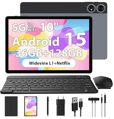 WOREGOO 10 Pouces Tablette Android 15, 5G WiFi, 36GB RAM+128GB ROM, 1280x800HD, Octa-Core, Widevine L1/8000mAh/5MP+8MP/BT5.0/GPS/GMS, avec Clavier et Souris, Gris
