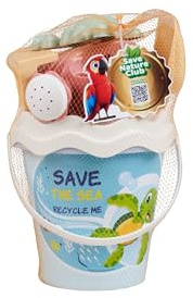 Simba Recycle Baby Set secchio (16 cm) – Giocattolo da spiaggia per bambini, set da 6 pezzi con secchio, annaffiatoio, pirottini, pala e rastrello in materiali riciclati
