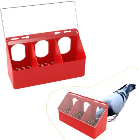 VandanCoop 1 Piece 3 Holes Red Pigeon Feeder for Cage with Lid (Red, 3 Holes)