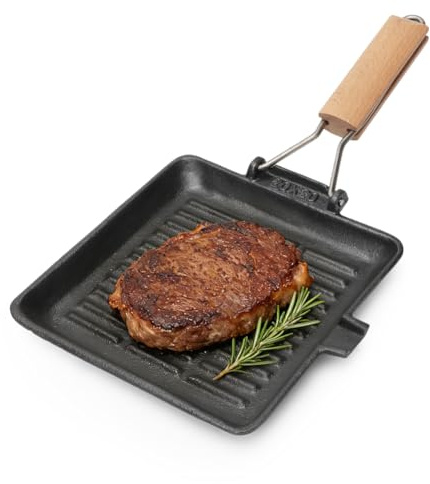 Umllpet Poêle à griller en fonte, poêle à steak en fonte, poignée en bois pliable, poêle carrée pour barbecue à gaz