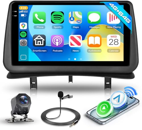 Android 15 9 Pouces 4+64G Autoradio pour Renault Clio 3 2005-2014 Car Radio 2 DIN avec Wireless Carplay Android Auto GPS Navi Bluetooth WLAN FM/RDS SWC Rückfahrkamera MIC Mirror Link