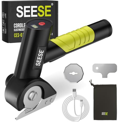 SEESE Rechargeable Cordless Electric Scissors: Electric Cardboard Box Cutter with 2 Safety Blades & Storage Pouch - Cuts Cardboard, Leather, Fabric, and Plastic