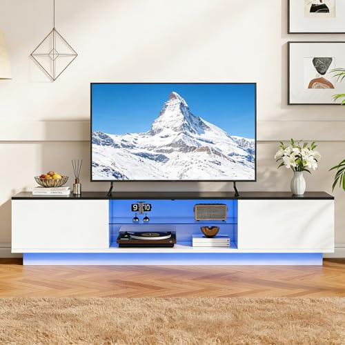 Armario de TV, mesa de televisión con 2 puertas, estantería para televisores de hasta 65 pulgadas, mueble bajo con chimenea LED, mueble de TV con espacio de almacenamiento abierto, armario de