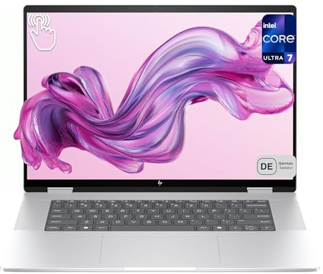 HP Envy x360 Ordinateur portable, 2 en 1, Intel Core Ultra 7 155U, écran tactile 16 2K (1920 × 1200), Intel Graphics, 16 Go DDR5 6400 MHz, SSD NVMe 4 To, disposition du clavier allemand, Windows 11