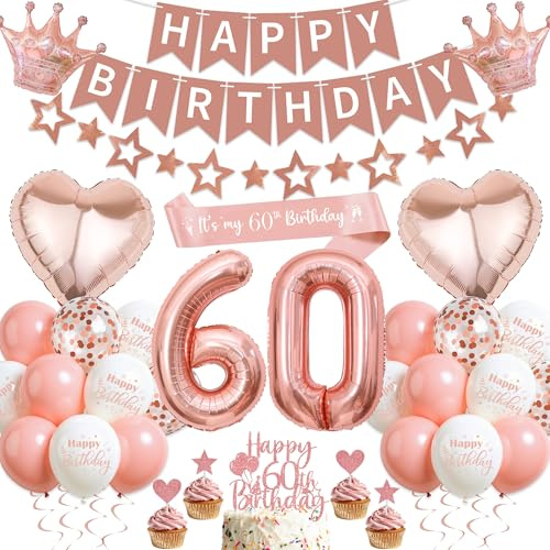 Runyuzi Luftballon 60 Geburtstag Deko Frauen - Roségold 60. Geburtstagsdeko Happy Birthday Banner und Sternen Girlande, Zahl Krone Herz Folienballons Tortendeko Schärpe für 60 Jahre Geburtstagsparty