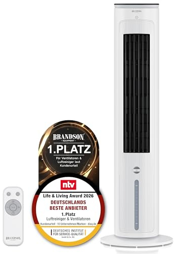Brandson - Luftkühler mit Wasserkühlung - Verdunstungskühler Preisträger 2026 - Ventilator Turmventilator - mobile Klimaanlage ohne Abluftschlauch - 5 in 1 - leise - 4,7 L Wassertank