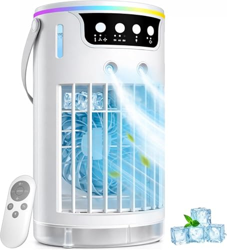 4 -in-1 Portable Air Conditioner, 1200ML Evaporative Air Cooler for Bedroom with 3 Speeds & 2-4-8H Timer & 7 Colour Lights, Mini Air Conditioner Remote Control for Home, Office, Room