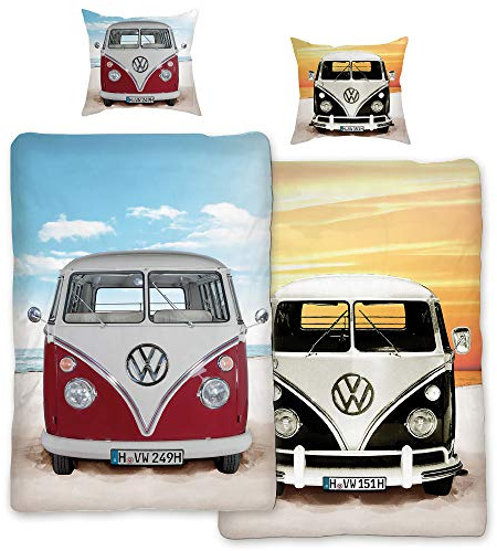 BERONAGE VW Volkswagen Bulli Bettwäsche Beach Rot/Schwarz 135 cm x 200 cm + 80 cm x 80 cm VW-Bus T1 100% Baumwolle in Renforcé-Linon-Qualität Retro Camper Van 2 Wendebettwäsche Reißverschluss 089