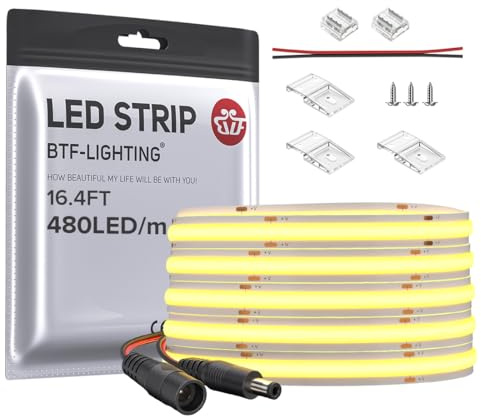 BTF-LIGHTING FCOB COB LED Strip Flexible High Density Uniform Light 9W/m 16.4FT DC24V Warm White 3000K CRI 90+ 8mm Width Dimmable LED Ribbon for Indoor Decoration(No Adapter or Controller)