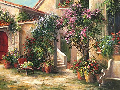 Feeling at home ART-CANVAS-stretched-on-WOODEN -BARS Garden Courtyard Fronckowiak Art - Floral horizontal image Benches Flowers Gardens Landscapes Harriet Rinehar Fine art prin 22_X_31_in