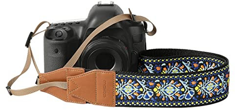 MoKo Sangle pour Appareils Photo, Bandoulière Universelle Réglable Vintage Tissée, Courroie avec Fleurs Brodées pour Caméscope Jumelles Appareil Photo Numérique Nikon/Canon/Sony/Minolta, Bleu Vintage