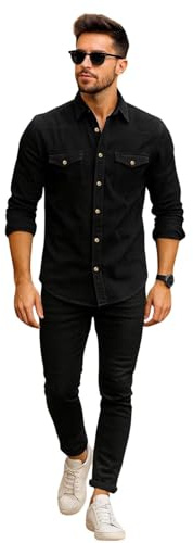 True Face - Camisas de mezclilla para hombre, 100% algodón, manga larga, cuello abotonado, efecto lavado, con múltiples bolsillos, casual, Negro, XXL