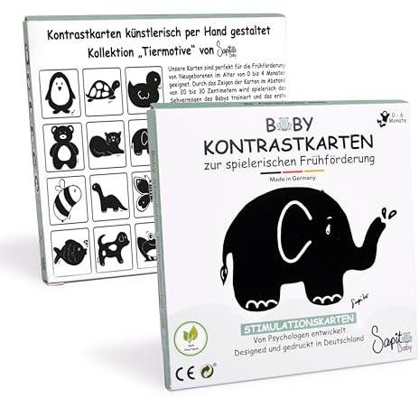 SapitoBaby® 12x Kontrastkarten (schwarz, weiß) für Neugeborene zur Förderung visueller Entwicklung (0-6 Monate) - Karten- & Kontrastbilder für Baby - Kontrast-Karten (Made in Germany)