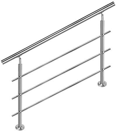 Aufun Corrimano in acciaio inox, 200 cm, ringhiere per scale interne ed esterne con 2 pali per scale, parapetto, balcone (200 cm, 3 barre trasversali)