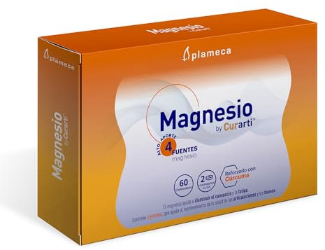 Plameca Magnesio by Curarti - Alto Aporte con 4 Fuentes de Magnesio: Bisglicinato, Citrato, Hidróxido y Óxido - Liberación Prolongada - Reforzado con Cúrcuma y Vitamina B6-60 Comprimidos
