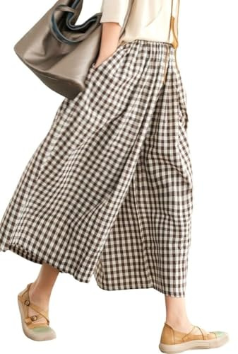 Leyoutx Pantacourt Palazzo en coton et lin pour femme - Taille élastique - Motif carreaux vichy