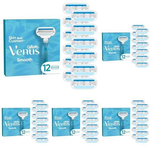 Gillette Venus Smooth Damenrasierer Ersatzklingen, Set von12, mit 3 sich der Körperkontur anpassenden Klingen, umgeben von Schutzkissen (Packung mit 5)