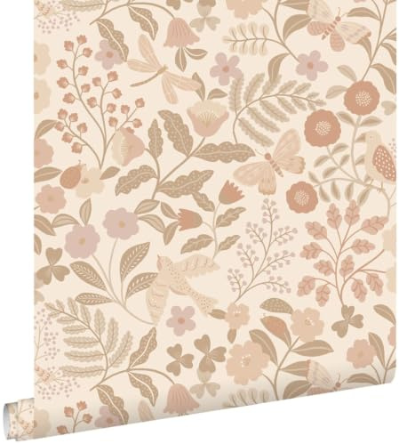 ESTAhome tapet blommor och fåglar beige och milt rosa 53 cm x 10.05 m