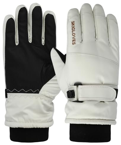 Jupsk Kinder Winter Skihandschuhe Wasserdicht Snowboard Handschuhe Anti-Rutsch Plüsch Gefüttert Warm Touchscreen Handschuhe für Mädchen Jungen 6-12 Jahre alt (Beige)