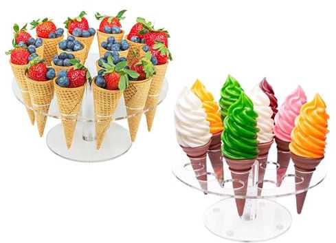 Yuelulala 2 Pack Ice Cream Cone Holder, Acrylic Ice Cream Cone Display Stand, Clear Waffle Hand Roll Sushi Display Rack for Weddings, Birthday Parties, Anniversaries Afternoon Tea Party(A38-2)