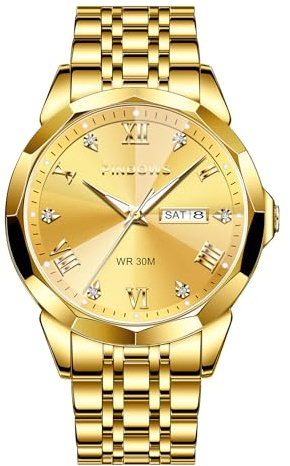 PINDOWS Mens Watches Retro Two Tone Stainless Steel Luxury Quartz Date | Fashion dress for business, 30M waterproof, luminous hands, diamond-encrusted Roman numerals, secure hidden butterfly clasp